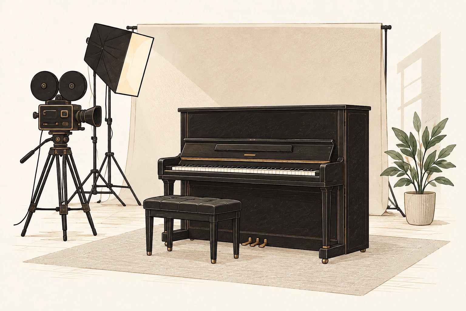 Illustration of a black upright piano and bench on a film and photography set with a camera and studio light