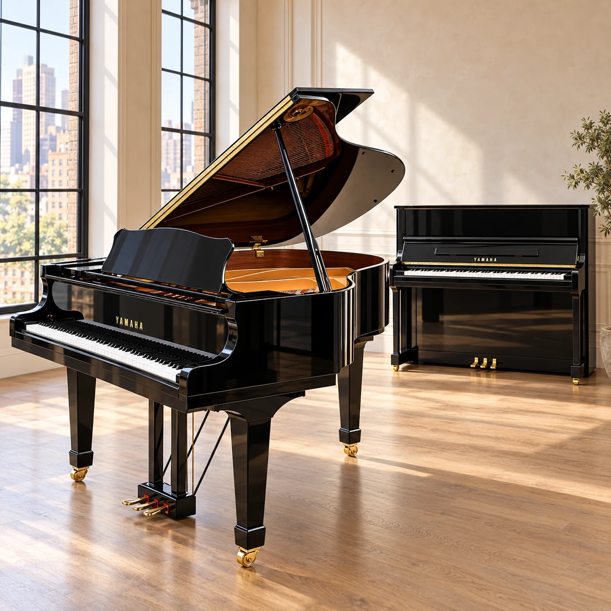 Black grand and upright pianos together in a bright, digitally staged event interior